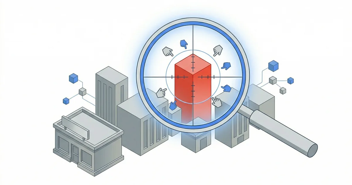Ilustracion de edificios con una lupa enfocando una propiedad destacada mediante Google Ads para inmobiliarias