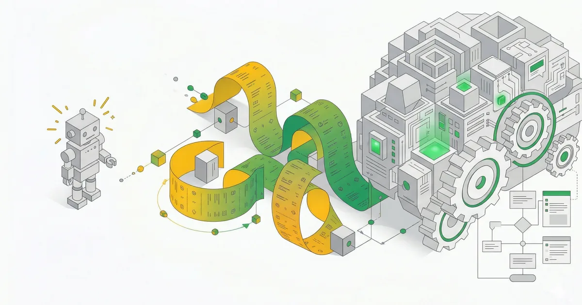 Ilustracion de un robot de juguete pequeño transformandose en un cerebro de IA sofisticado integrado en engranajes de negocio