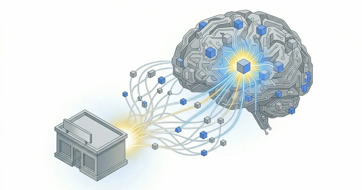 Negocio conectado a un cerebro artificial por una red neuronal, representando la IA privada para pymes