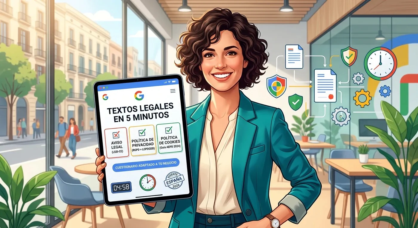 Vista previa de los tres documentos legales generados por la herramienta IMPERO: Aviso Legal LSSI, Política de Privacidad RGPD y Política de Cookies AEPD 2024, listos para descargar en PDF y HTML