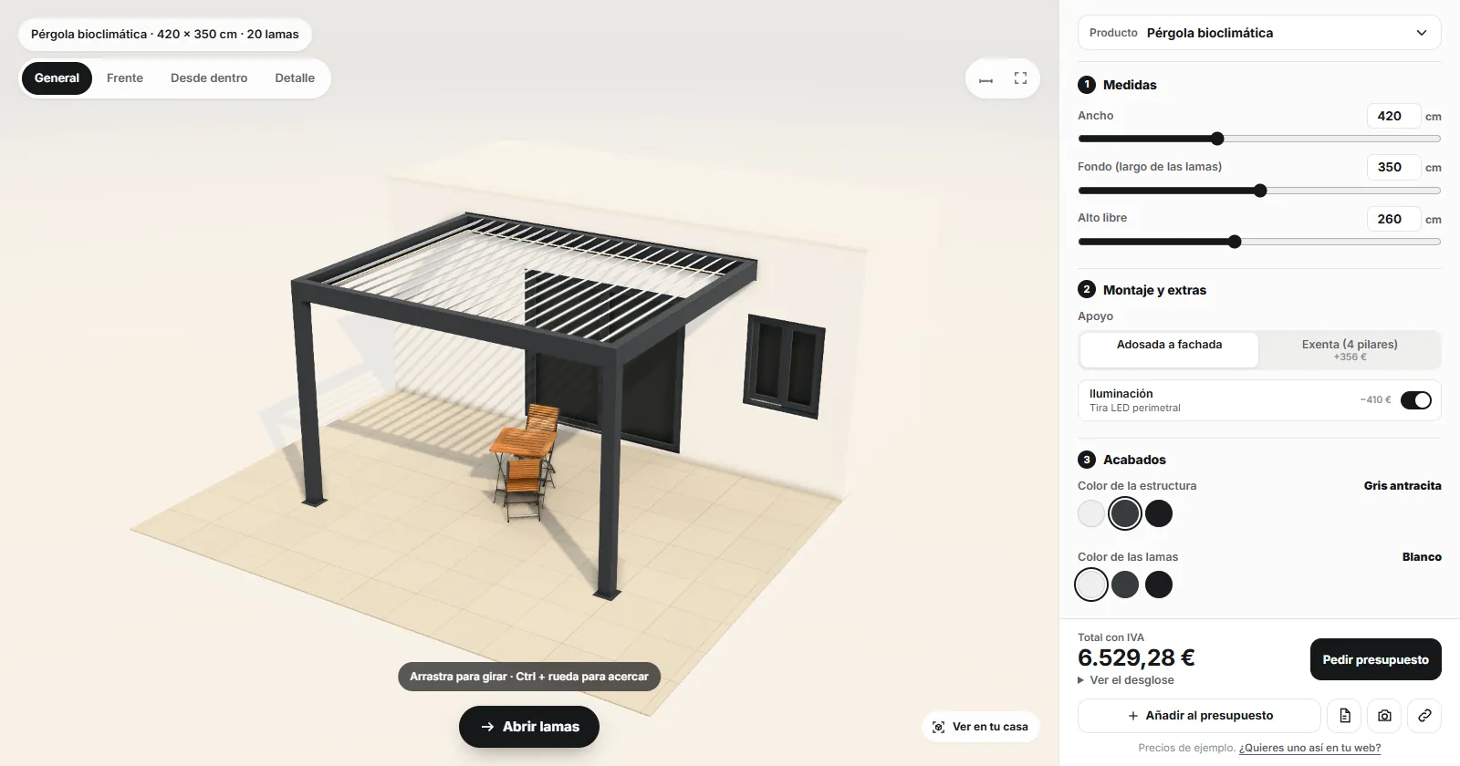 Configurador 3D de una pérgola bioclimática, con sus medidas, acabados y un precio de ejemplo