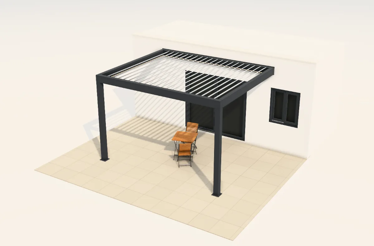 Pérgola bioclimática en 3D con las lamas entreabiertas, en el configurador de IMPERO